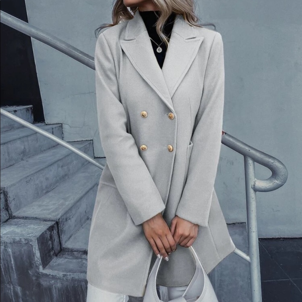 Notched Collar Buttoned Peacoat Jacket Camel - image 8